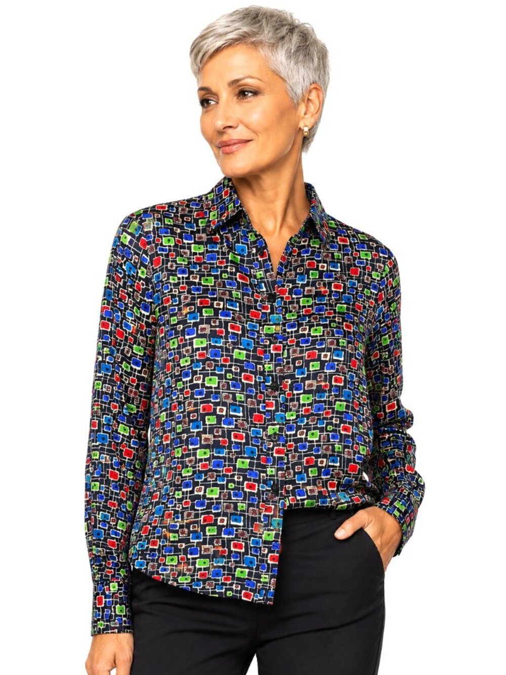 FNR Multicolor Abstract Print Long Sleeve Silk Blouse